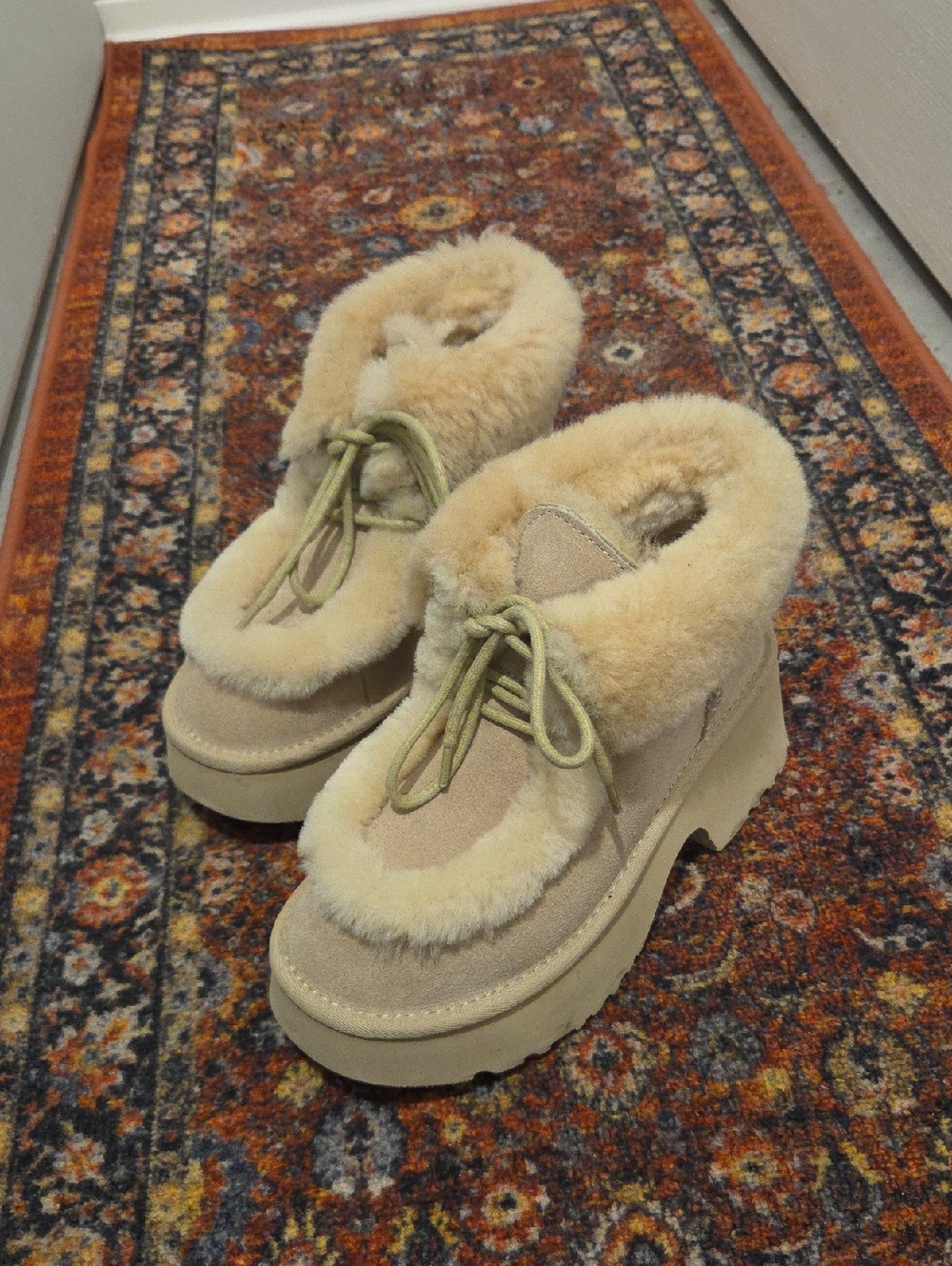 UGG Cream Platform Shearling Cuff Lace-Up Boots